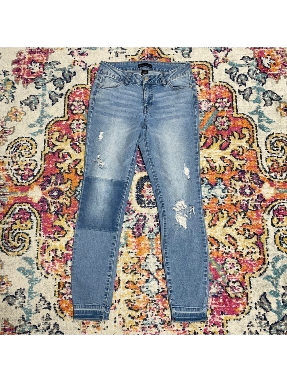 Cred NY Women's Blue Skinny Jeans Distressed Two Tone Style